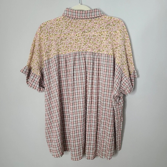New! Easel Button Front Collared Plaid Floral Short Sleeve Blouse S - Picture 3 of 4